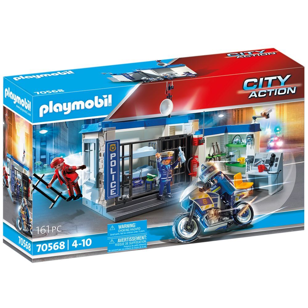 Playmobil Prison Escape playset features police figures, a prison cell, motorcycle, and engaging accessories for thrilling adventures.