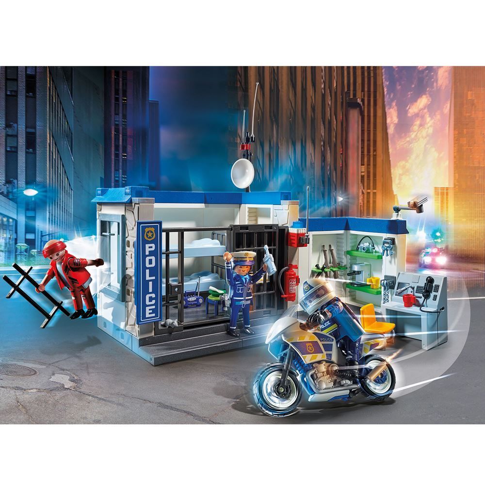 Playmobil - Prison Escape playset with police figures, prison cell, motorcycle, and fun accessories for imaginative adventures.