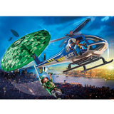 Playmobil Parachute Search set featuring a police helicopter and figures engaged in a thrilling aerial chase with a parachute.