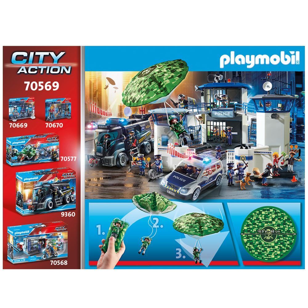 Playmobil Parachute Search features a police helicopter, a parachute, and figures for thrilling aerial chases and imaginative play.