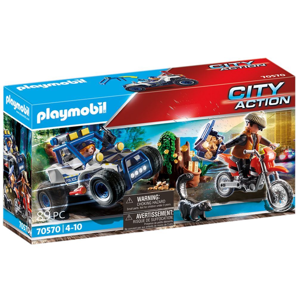 Playmobil off-road car chasing a jewel thief on a motocross bike, complete with figures, gold coins, and a hollow tree.