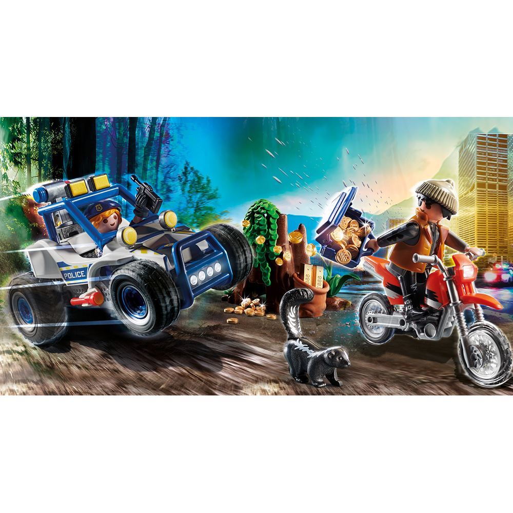 Playmobil Off-road Car with Jewel Thief playset featuring a police officer, jewel thief, motocross bike, and hollow tree.