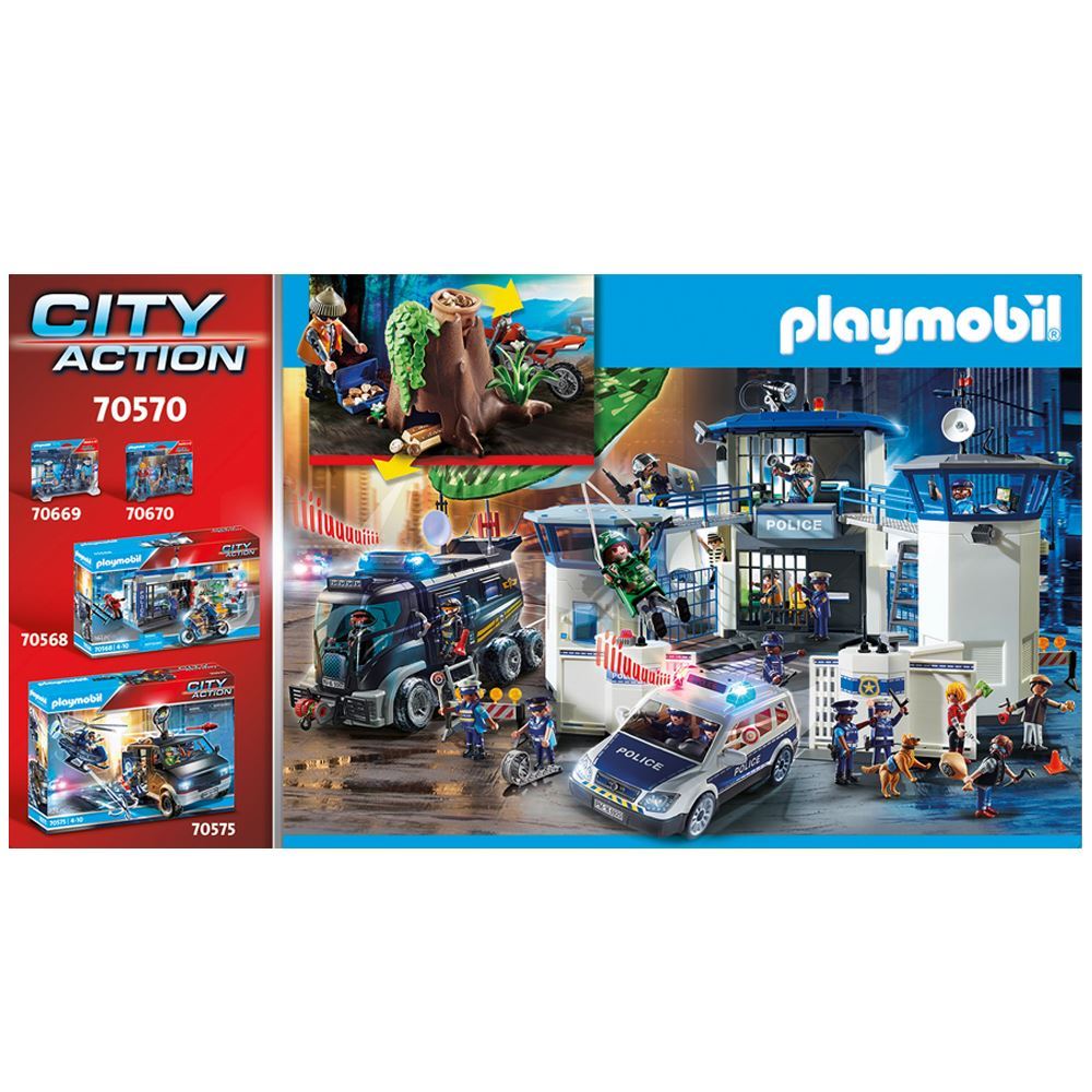 Playmobil Off-road Car with Jewel Thief: police car chases a motocross thief escaping with stolen gold treasure through forests.