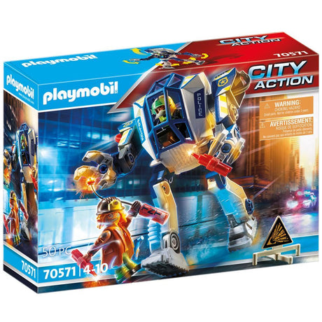 Playmobil Special Operations Police Robot featuring movable limbs, two police figures, and accessories for action-packed play.