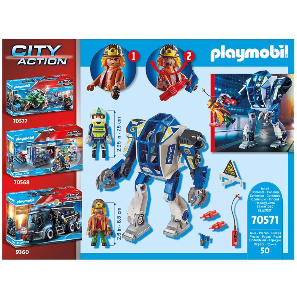 Playmobil Special Operations Police Robot with movable limbs and two figures ready for thrilling rescue missions and action-packed adventures.