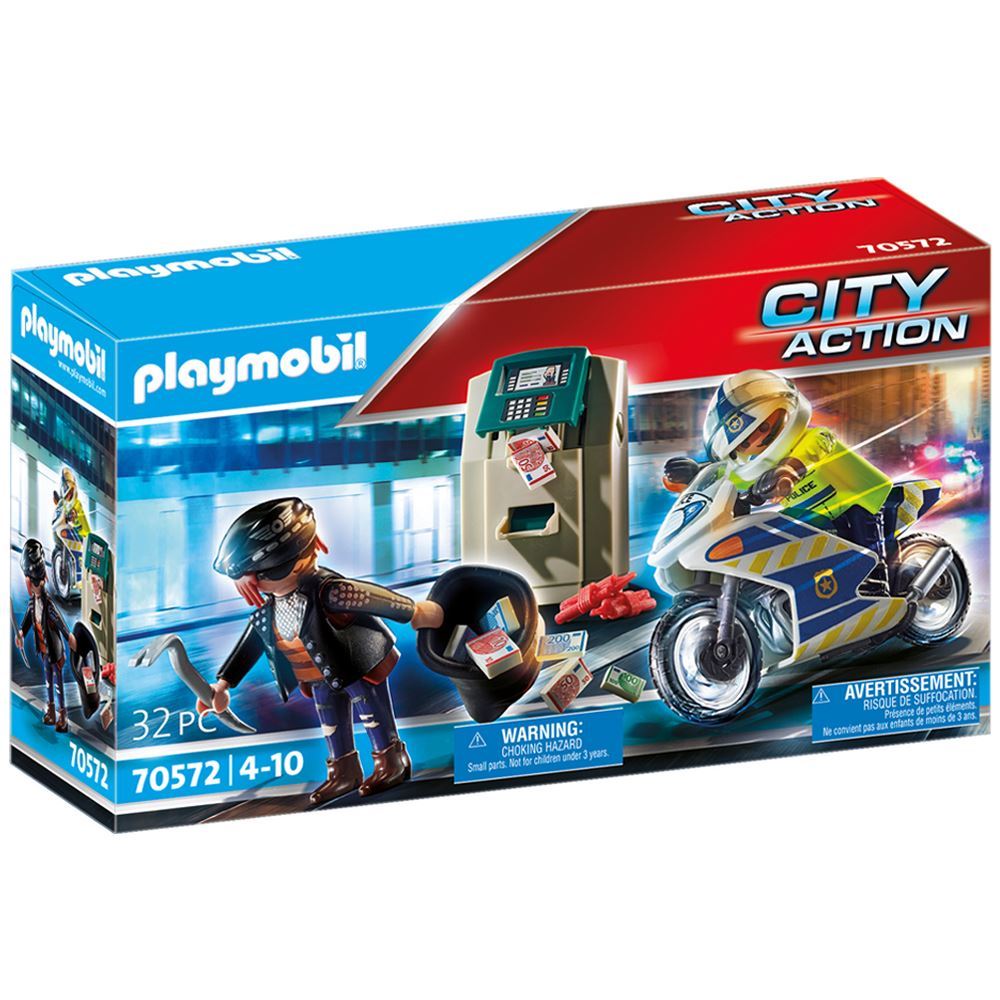 Playmobil Bank Robber Chase set featuring a police officer on a motorcycle chasing a thief with a crowbar and stolen cash.