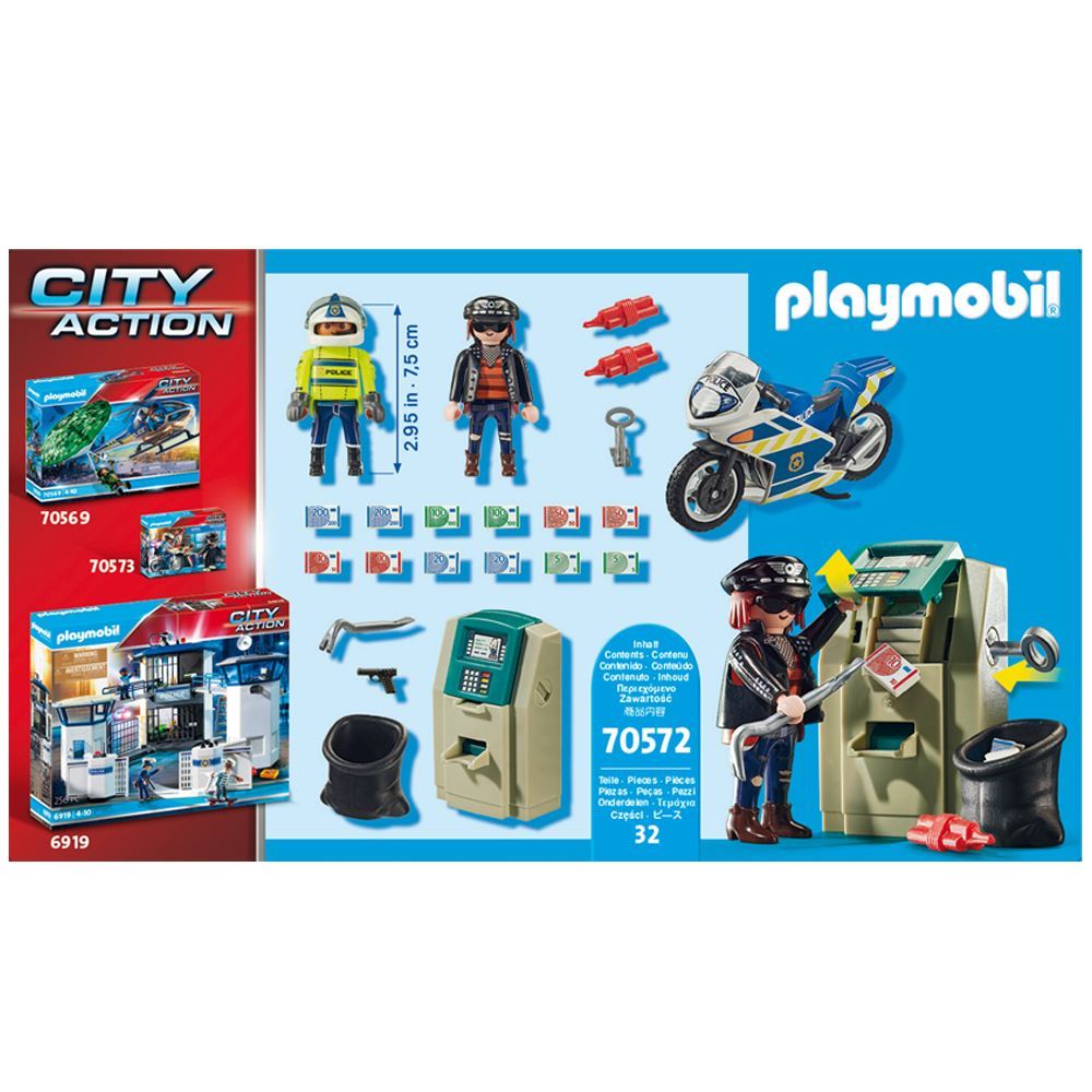 Playmobil Bank Robber Chase set featuring a thief, a police officer on a motorcycle, and an ATM filled with banknotes.