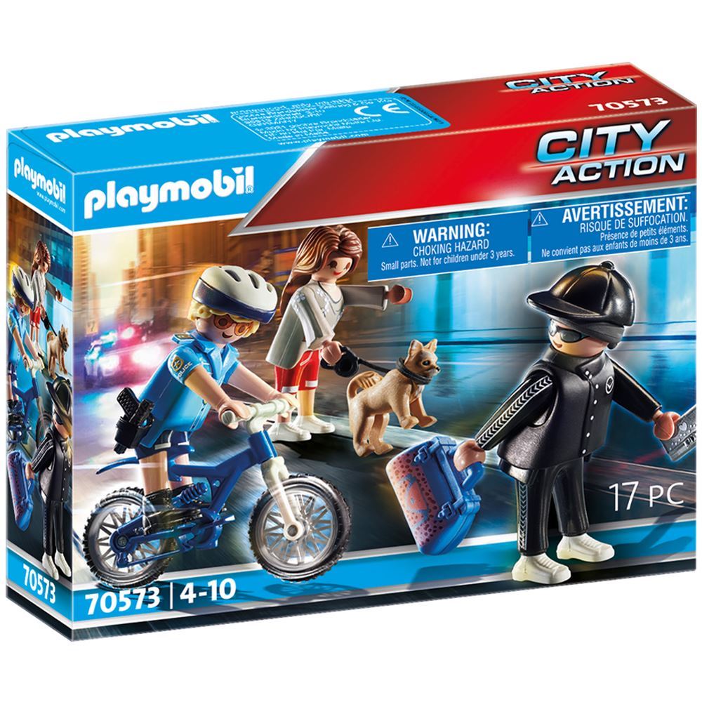 Playmobil police officer on bicycle chasing a thief, featuring three figures, a dog, and accessories like a handbag.