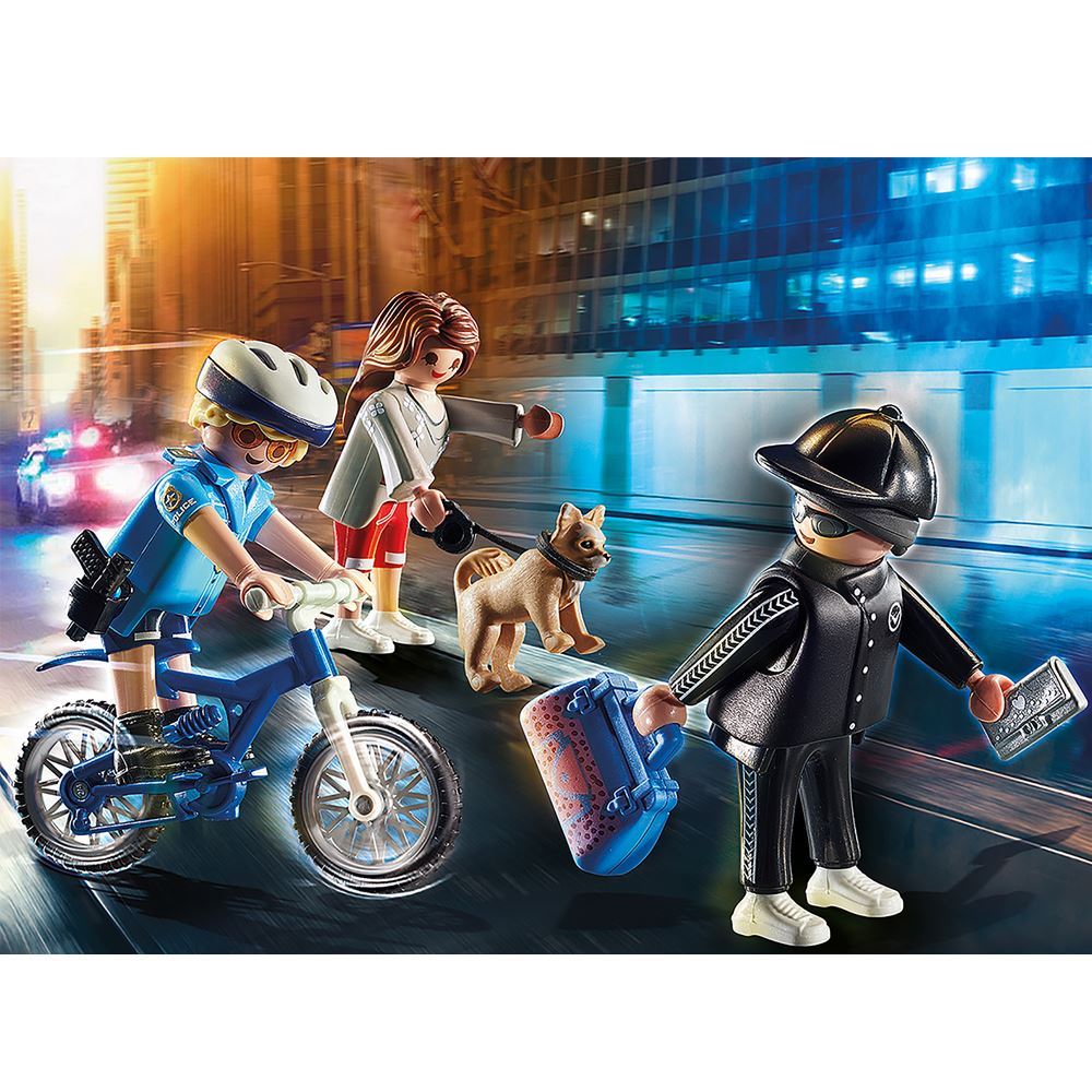 Playmobil Police Officer on bicycle chasing a thief with a stolen handbag, featuring detailed figures and a playful dog.