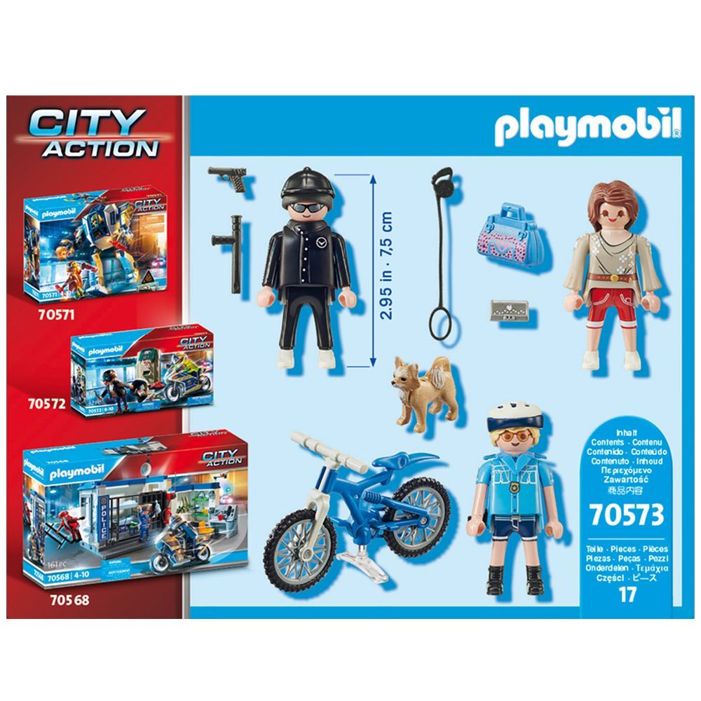 Playmobil set featuring a police officer on a bicycle chasing a thief, complete with figures, a dog, and a handbag.