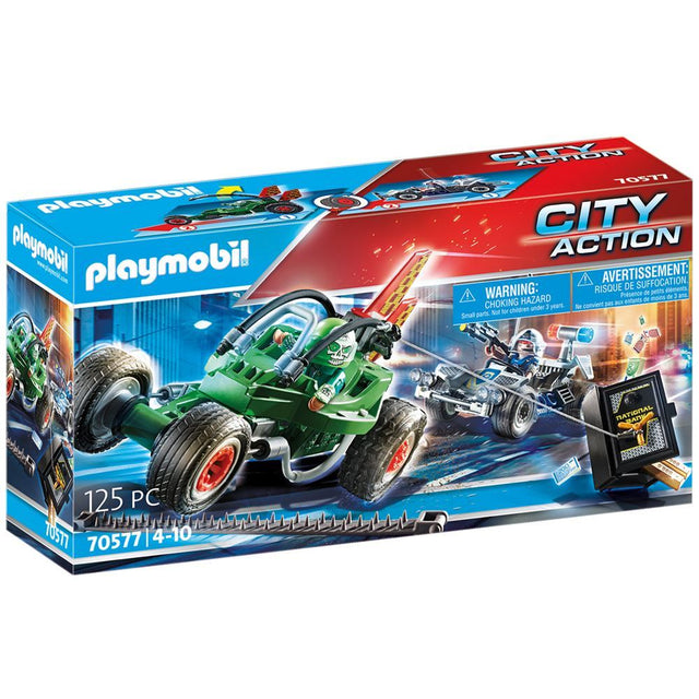 Playmobil Police Go-kart Escape playset with two vehicles, figures, safe, and accessories for thrilling action-packed adventures.