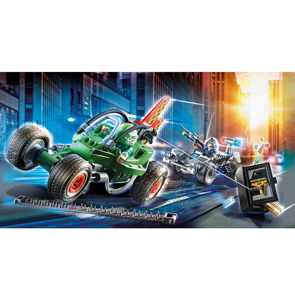 Playmobil Police Go-kart Escape set with two figures, two pullback karts, a safe, and nail tape for thrilling chase adventures.