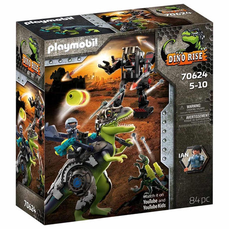 Playmobil Dino Rise set features a T-Rex and fighting robot in an epic dinosaur battle for imaginative play.