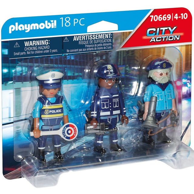 Playmobil Police Figure Set featuring three police figures and realistic accessories for imaginative law enforcement play.