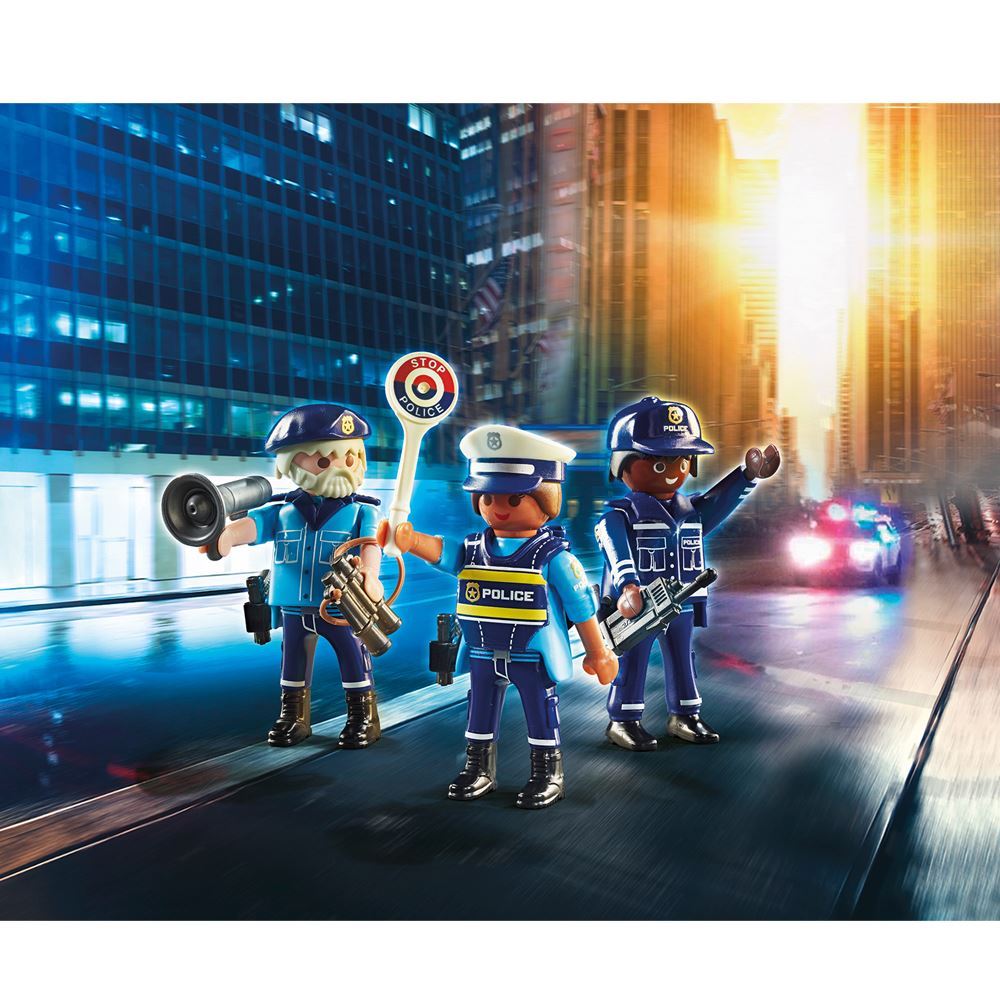 Playmobil Police Figure Set featuring 2 policemen and 1 policewoman with realistic accessories for imaginative city adventures.