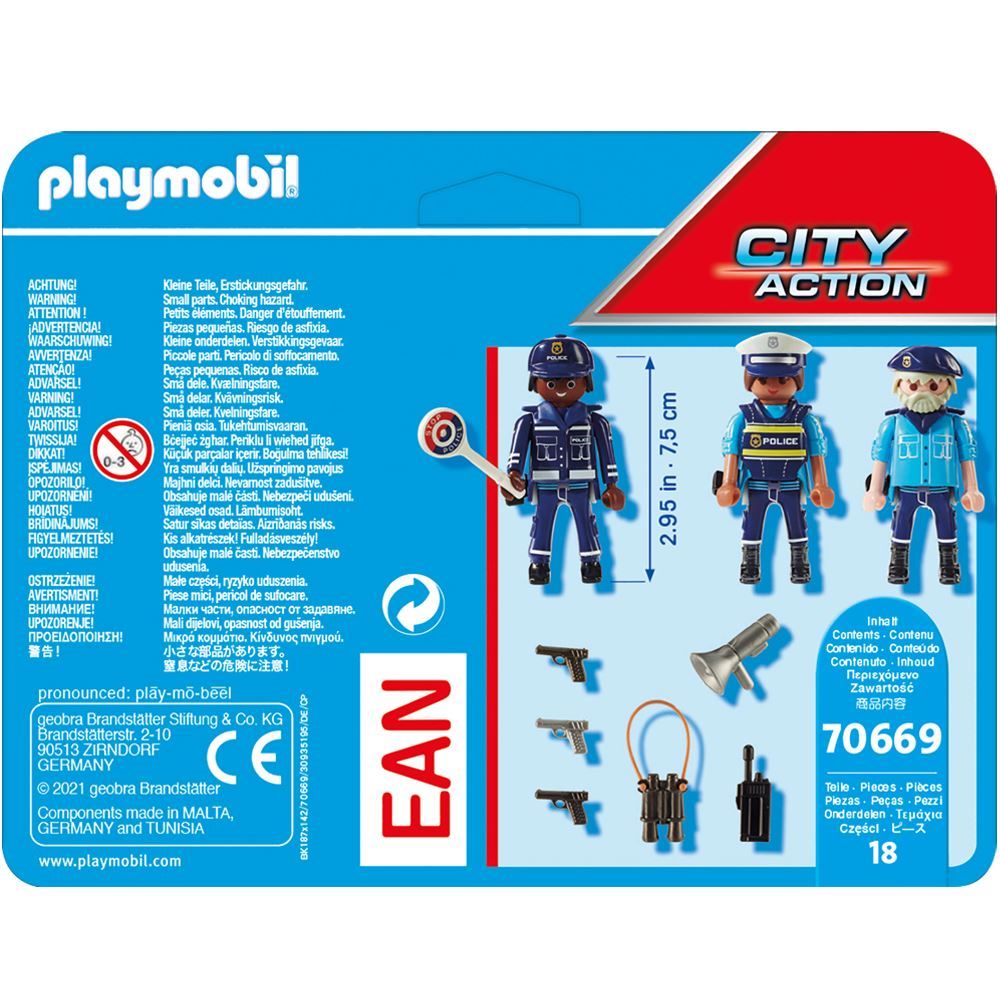 Playmobil Police Figure Set featuring three action-ready officers with realistic accessories for imaginative law enforcement play.