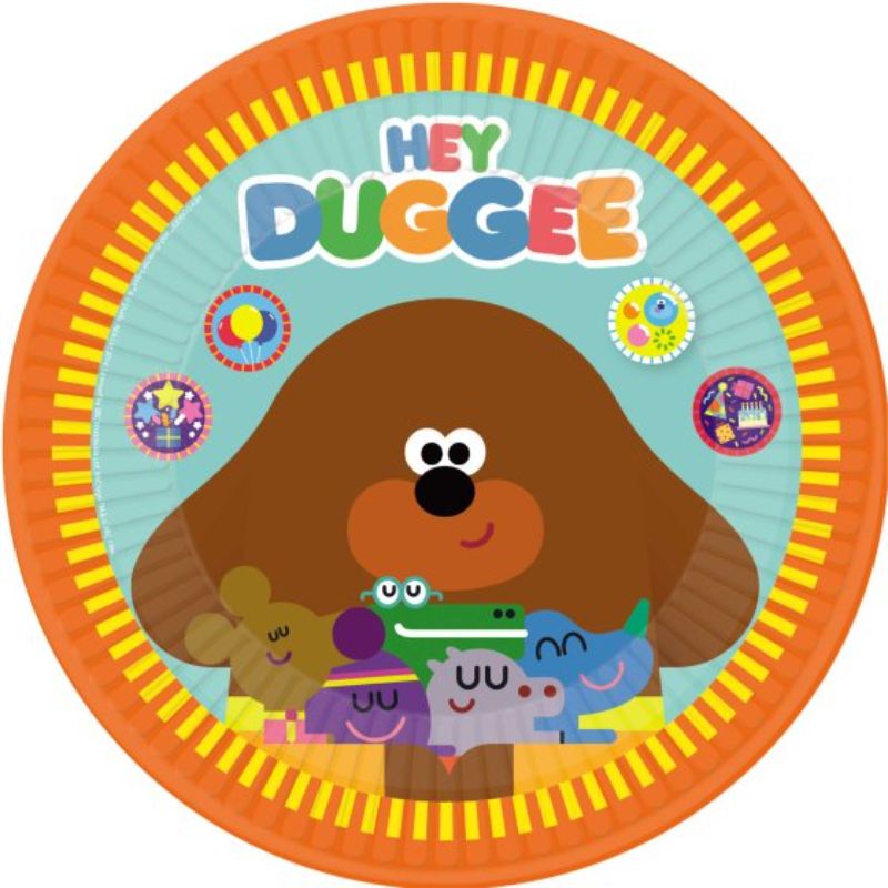 Colorful Hey Duggee paper plates set of 8, 23cm, perfect for kids' parties and easy clean-up after meals.