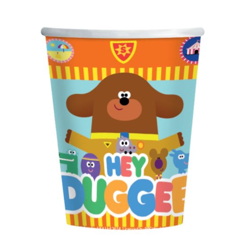 Vibrant Hey Duggee paper cups set of 8, 250ml capacity, perfect for children's parties and gatherings. Eco-friendly and disposable.