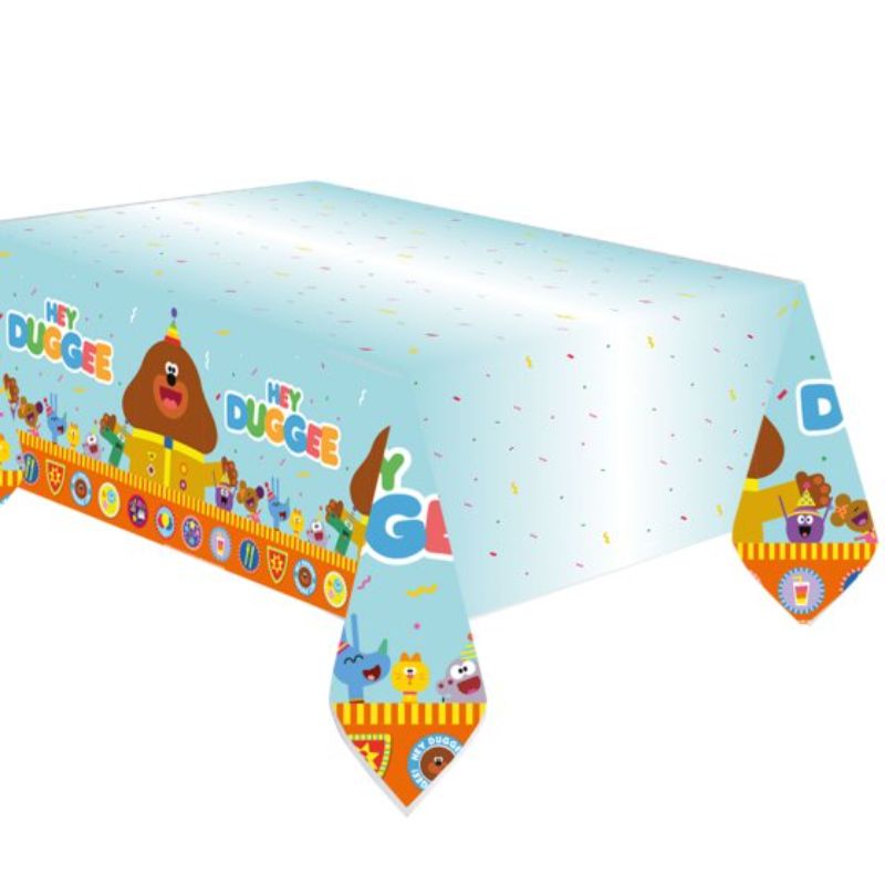 Vibrant Hey Duggee paper tablecover, 1.2m x 1.8m, featuring beloved characters for kids’ themed parties and easy clean-up.