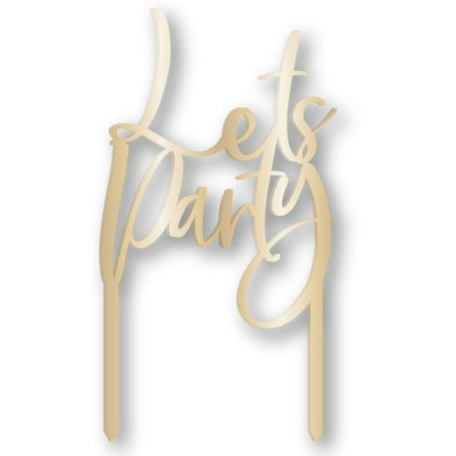 Gold acrylic cake topper reading "Let's Party," perfect for adding elegance to birthdays and celebrations.