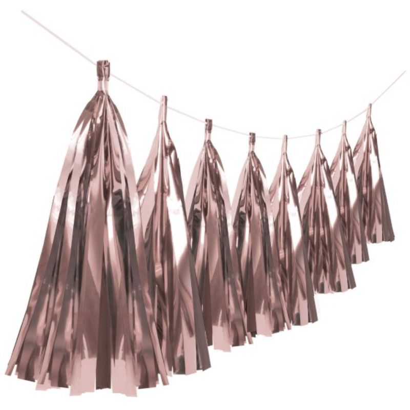 Rose gold foil tassel garland, 6m long, perfect for stylish party decor and elegant backdrops at any celebration.