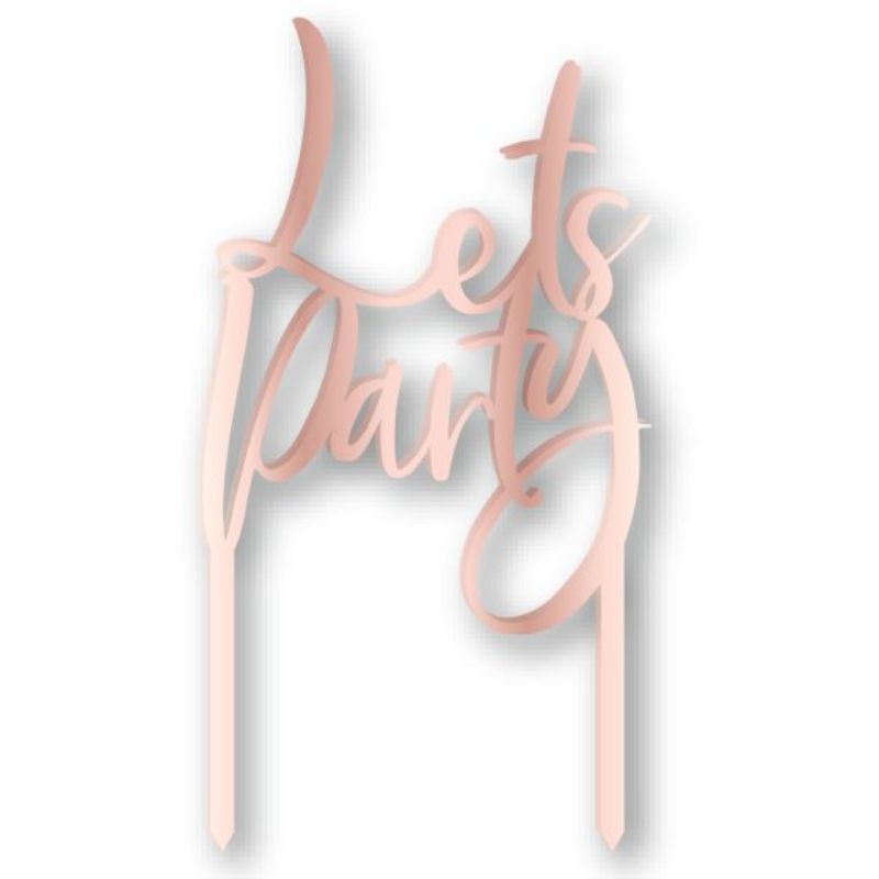 Rose gold acrylic cake topper reading "Let's Party," perfect for adding glamour to celebrations and enhancing cake aesthetics.