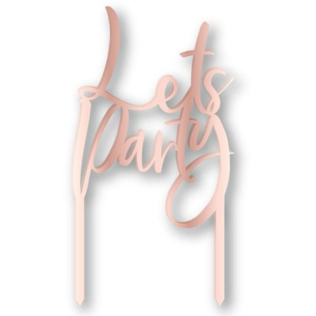 Rose gold acrylic cake topper reading "Let's Party," perfect for adding glamour to celebrations and enhancing cake aesthetics.