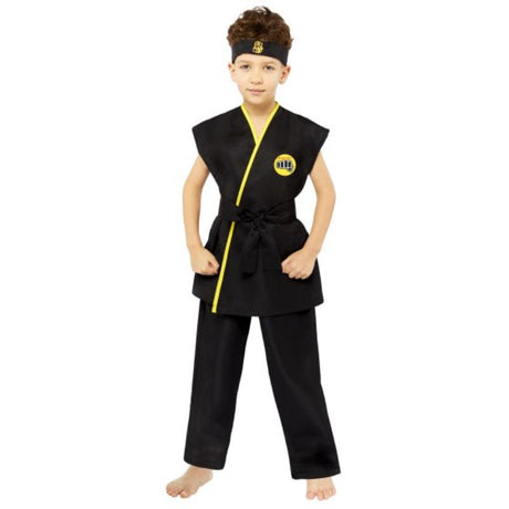 Cobra Kai Gi costume for kids aged 4-6, featuring a sleeveless top, trousers, belt, and headband for imaginative play.