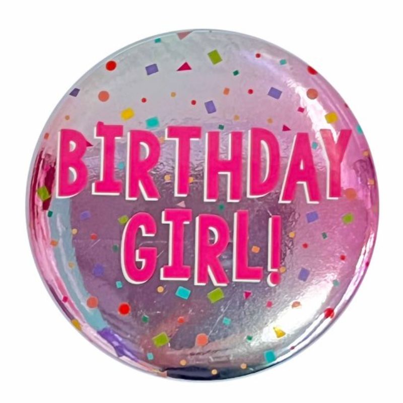 Vibrant 6cm badge for birthday girls, featuring cheerful confetti designs to celebrate special moments in style.