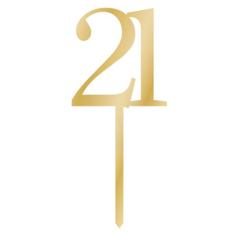 Gold acrylic cake topper featuring "21" for celebrations, measuring 8cm x 15cm, perfect for milestone birthday cakes.