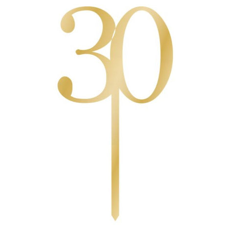 Gold acrylic cake topper celebrating "30," perfect for birthdays and special occasions, adding elegance to any dessert table.