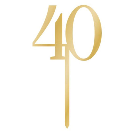 Elegant gold acrylic cake topper celebrating 40, perfect for various festive occasions, measuring 8cm x 15cm.