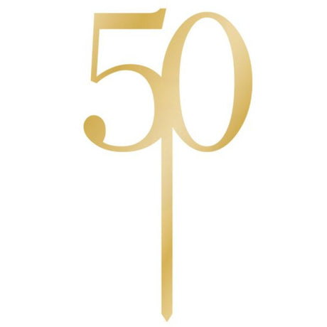 Gold acrylic cake topper featuring '50' for elegant celebrations, adding glamour to birthdays and anniversaries.