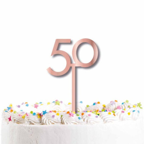 Rose gold acrylic cake topper featuring the number '50', perfect for birthdays and anniversaries.