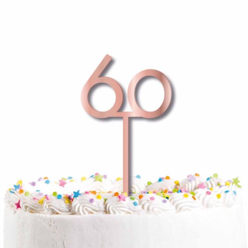 Rose gold acrylic cake topper, 60mm, perfect for adding elegance to cakes at celebrations and special occasions.