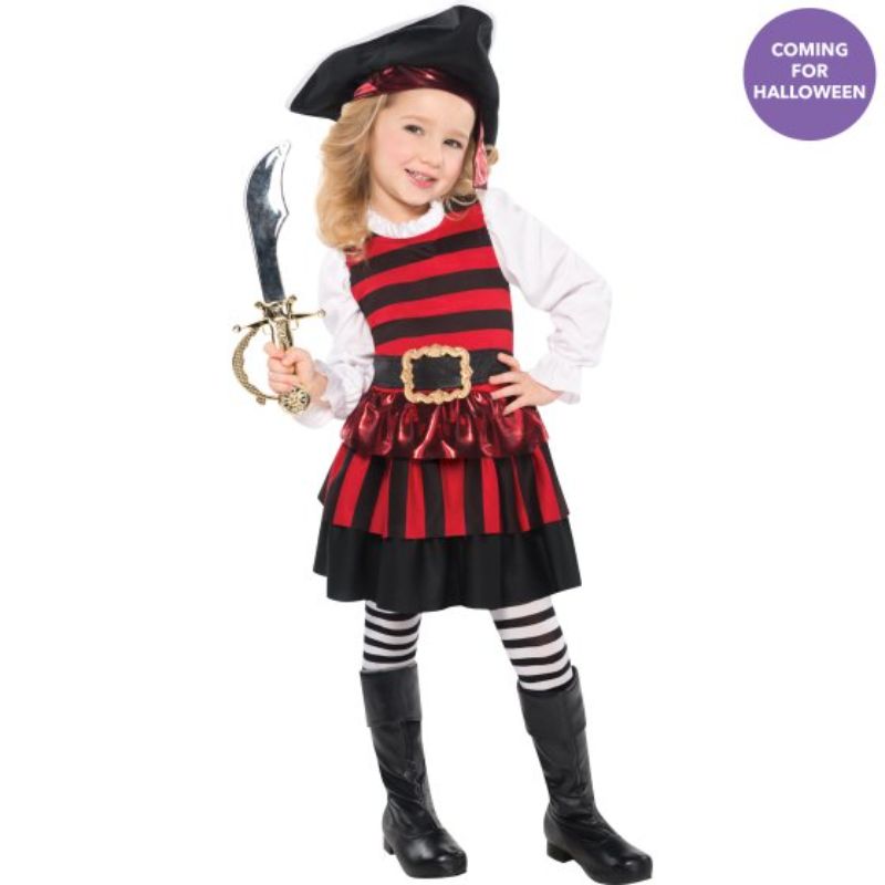 A young girl dressed in a pirate costume with a fun print dress and matching hat, ready for imaginative adventures.