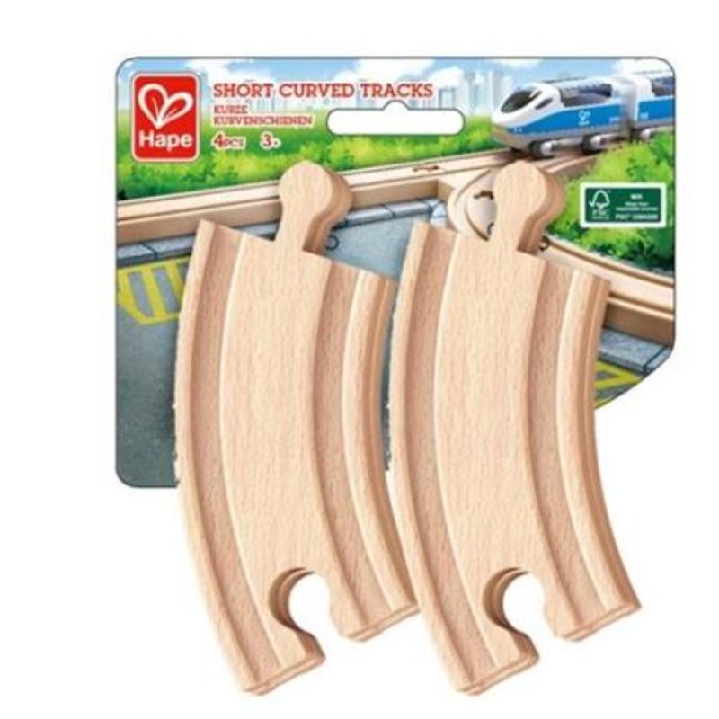 Hape Short Curved Train Track set (4pcs) encourages imaginative play and fine motor skills in children aged 3 and up.