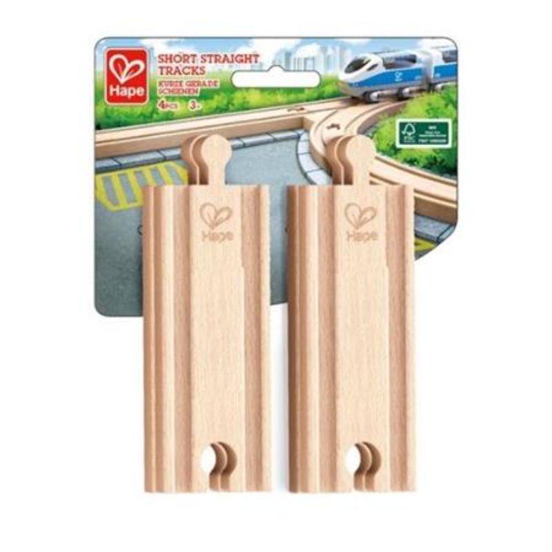 Hape Short Straight Train Track set with 4 eco-friendly pieces for expanding wooden train networks and imaginative play.