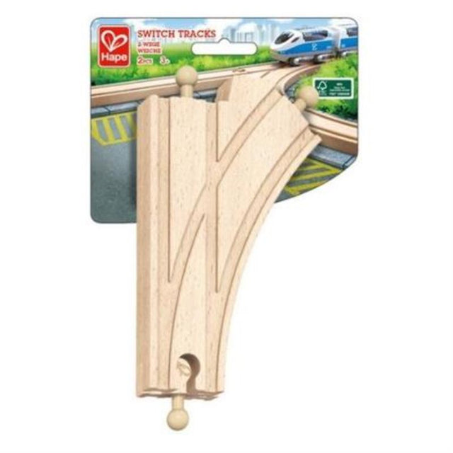 Two durable wooden Hape Y track switches designed for children's train sets, promoting creativity and fine motor skills.