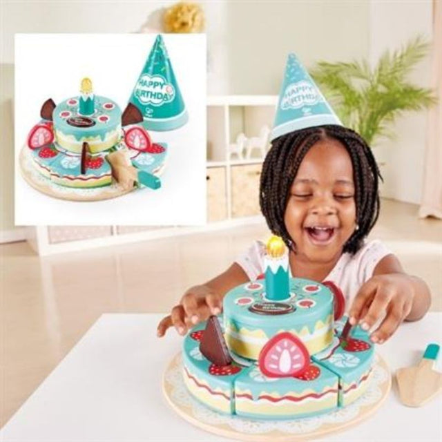 Interactive Happy Birthday Cake by Hape, features sound effects, blow-out candle, and six detailed slices for imaginative play.