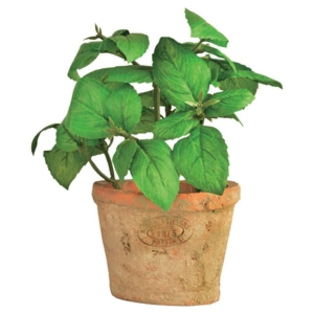 Set of 4 artificial basil plants in rustic terracotta pots, perfect for low-maintenance home decor.