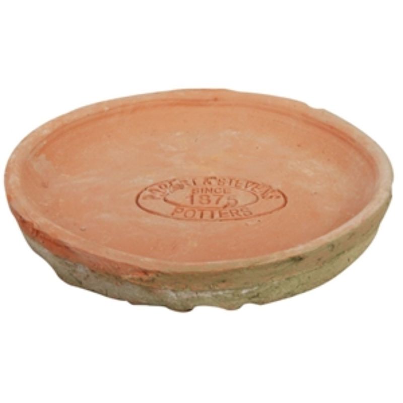 Set of 12 round terracotta saucers, 16cm diameter, featuring rustic Tuscan design for plant drainage and decor enhancement.