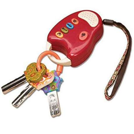 Colorful B. FunKey Tomato Toy Keys with four car sounds, safe for teething, lightweight, and designed for toddlers' play.