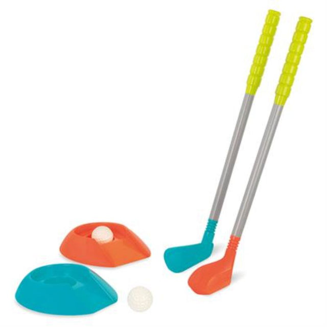 A colorful kids' golf set by Battat, featuring a putter, balls, and portable hole, perfect for outdoor play.