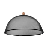 Black mesh food cover with beech wood handle, 43cm, protects outdoor meals from insects while adding elegance to dining.