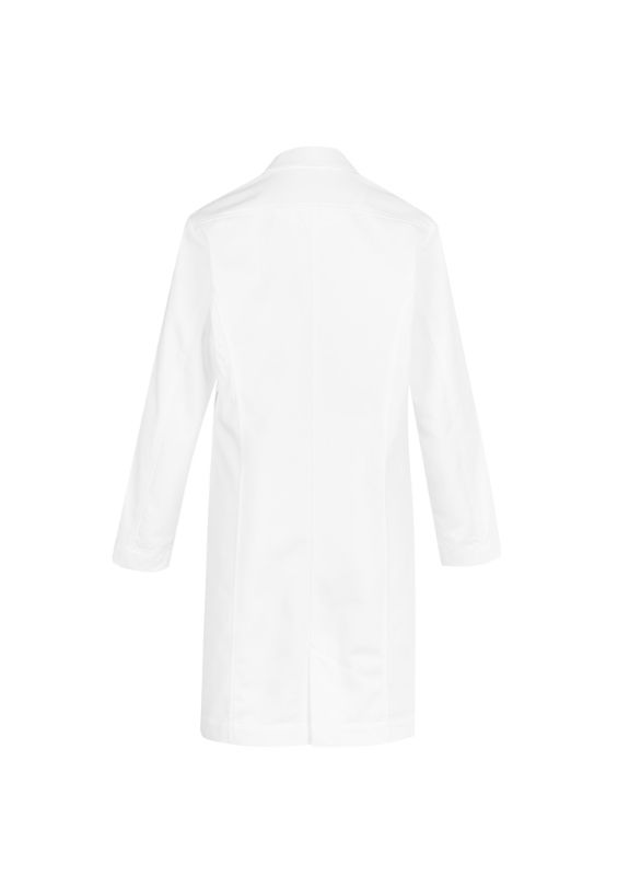 Stylish women's white long line lab coat with tailored fit, pockets, and Teflon® stain release for durability.