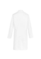 Stylish women's white long line lab coat with tailored fit, pockets, and Teflon® stain release for durability.