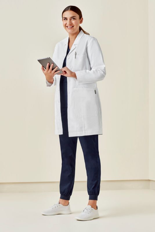 Women's white long line lab coat, large size, featuring Teflon® stain release, tailored fit, and multiple utility pockets.