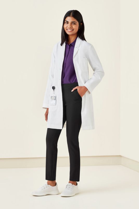 Women's Hope Long Line Lab Coat in white XS, featuring a tailored fit, Teflon stain release, and multiple functional pockets.