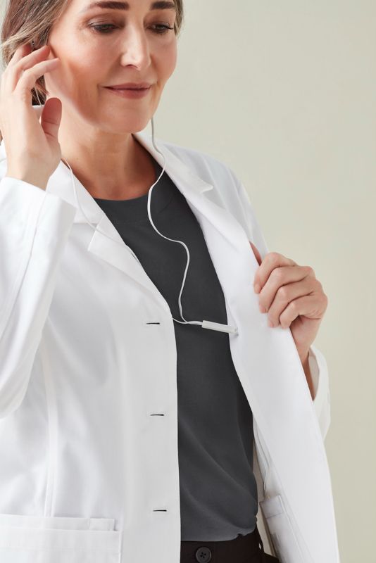 Women's Hope Long Line Lab Coat in white, tailored fit with pockets, Teflon® stain resistance, perfect for modern professionals.